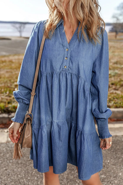 Dusk Blue Smocked Cuff Buttoned Tiered Denim Mini Dress - Chic Meadow Boutique 