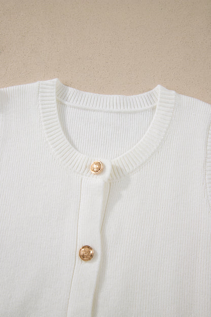 White Solid Color Sleeveless Knit Button Pocketed Sweater
