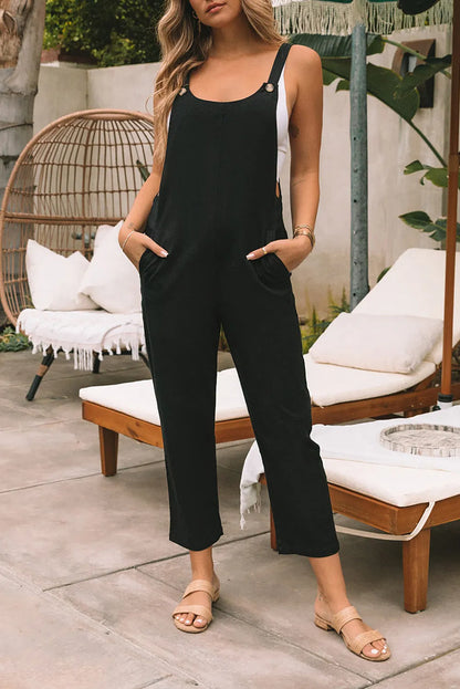 Black Button Straps Pocketed Cropped Jumpsuit - Chic Meadow Boutique 