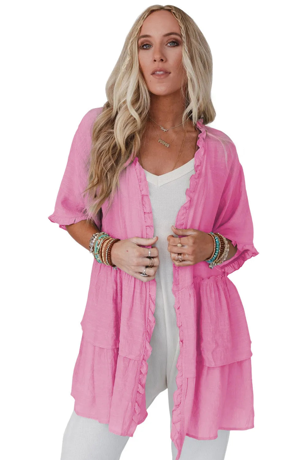 Pink Ruffled Trim Half Sleeve Open Front Kimono - Chic Meadow Boutique 