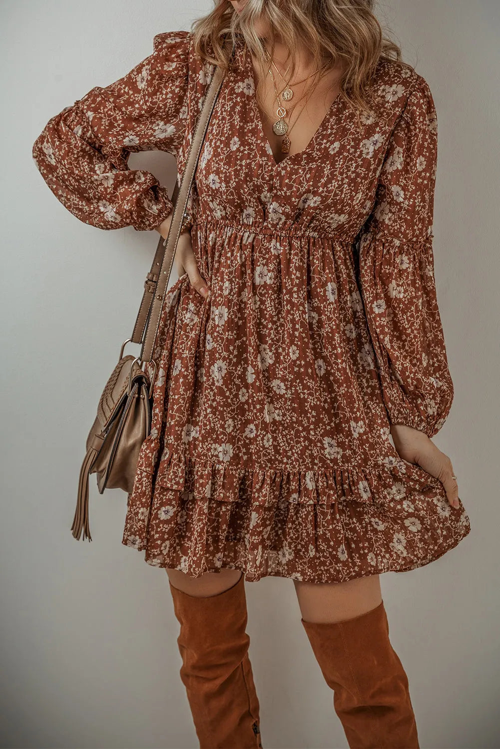 Brown Boho Floral Ruffled Puff Sleeve V Neck Mini Dress - Chic Meadow Boutique 