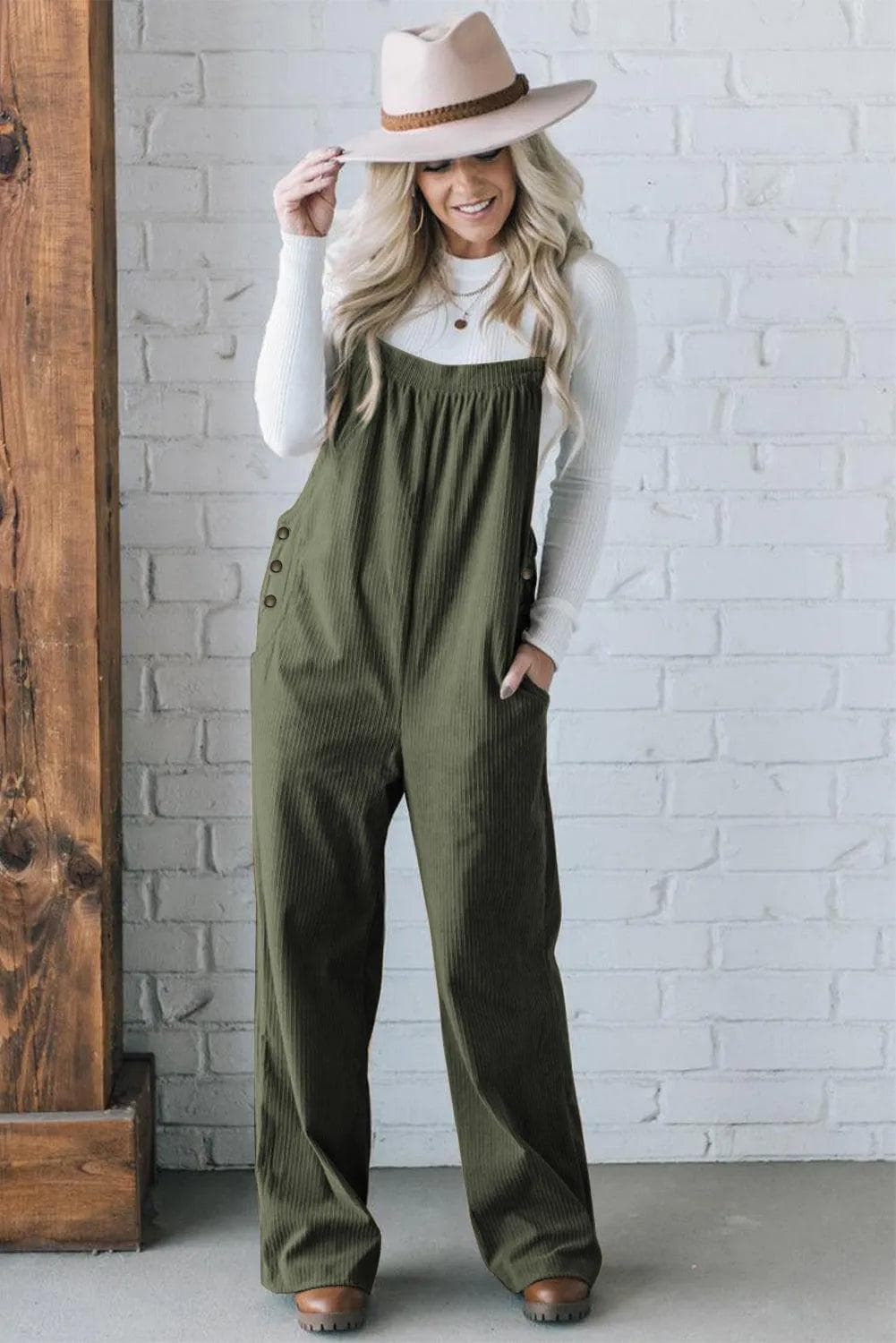 Bottoms/Jumpsuits & Rompers Jungle Green Solid Pocketed Loose Fit Corduroy Overall