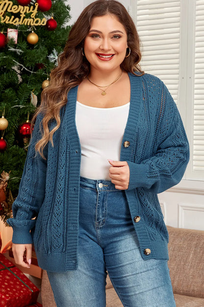 Real Teal Open Knit V Neck Button Front Drop Shoulder Plus Size Cardigan - Chic Meadow Boutique 