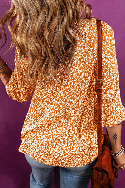 Russet Orange Floral Print Smocked Tie Neck Blouse - Chic Meadow Boutique 