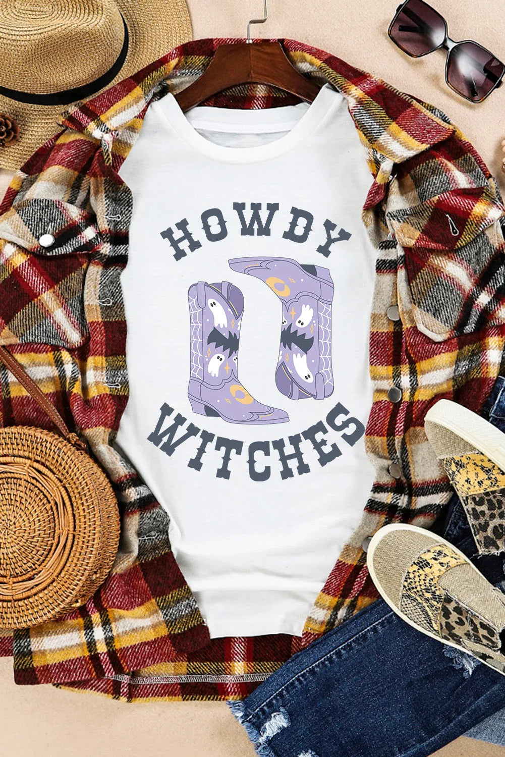 White HOWDY WITCHES Halloween Boots Crewneck T Shirt - Chic Meadow Boutique 