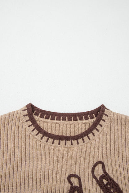 Light French Beige Ribbed Knit Contrast Trim Round Neck Horseshoe Sweater Vest