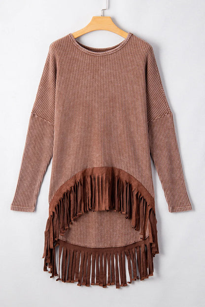 Coffee Waffle Knit Fringed High Low Loose Top - Chic Meadow Boutique 