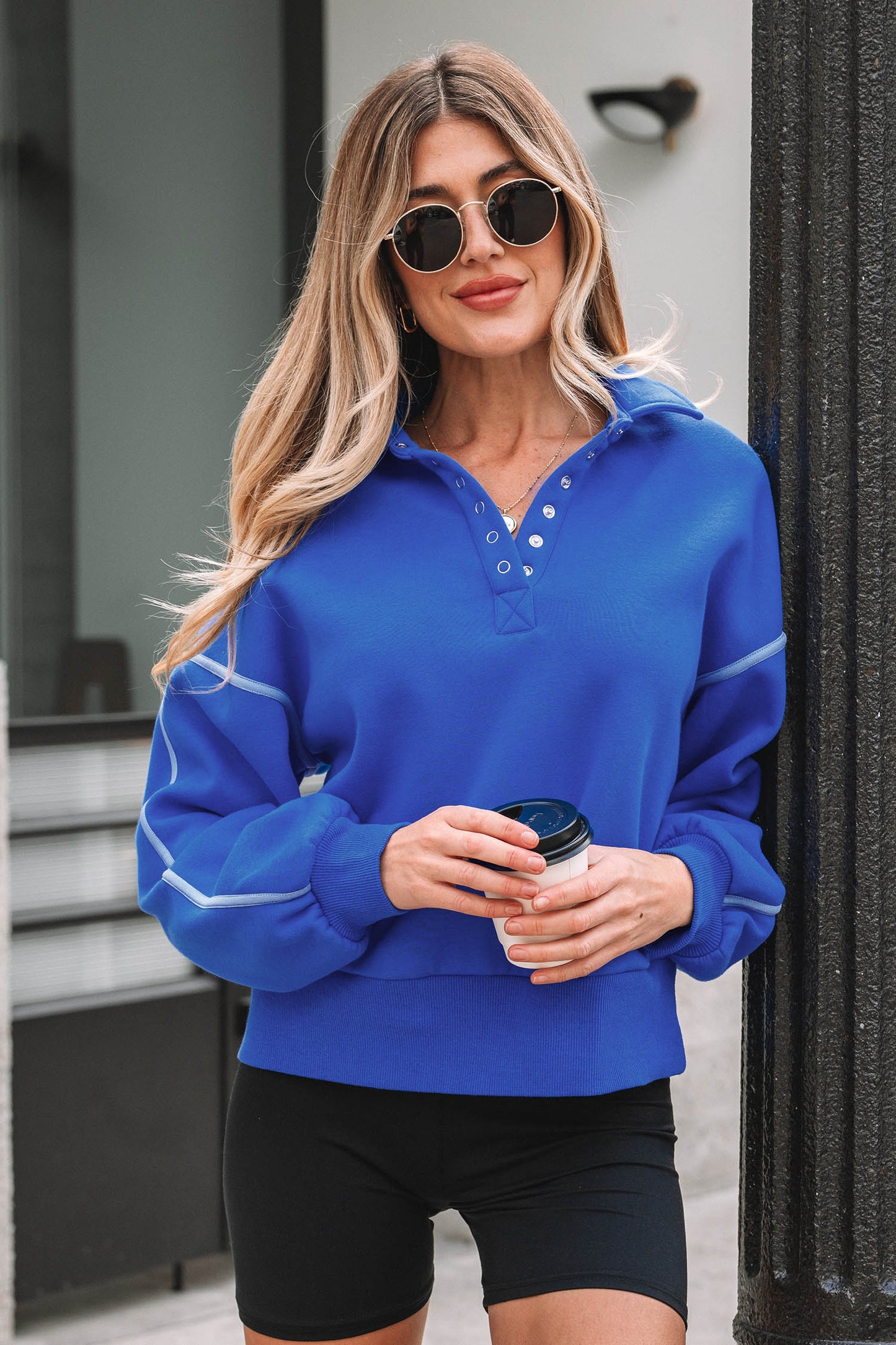 Sky Blue Button up Collared Exposed Seam Chic Sweatshirt