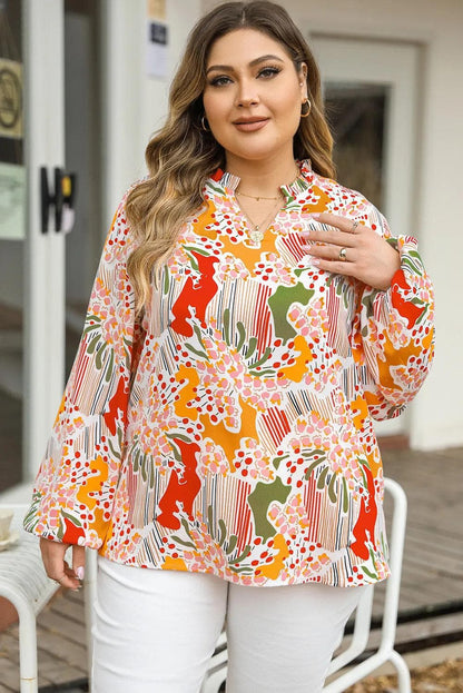 Plus Size/Plus Size Tops/Plus Size Blouses & Shirts Orange Printed / 1X / 100%Polyester Orange Printed Floral Abstract Print Frilled V Neck Plus Size Blouse