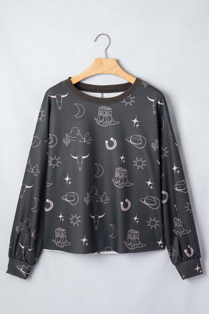 Gray Western Print Crew Neck Sweatshirt