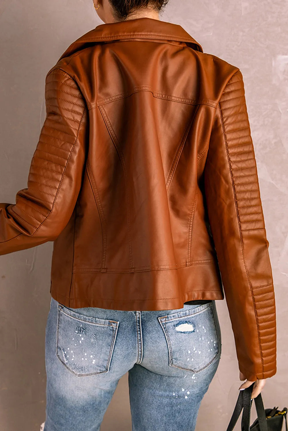 Brown Ribbed Seam Detail Faux Leather Zipped Motorcycle Jacket - Chic Meadow Boutique 