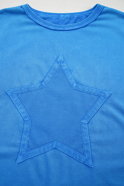 Blue Mineral Wash Star Mesh Patchwork Oversize Tee