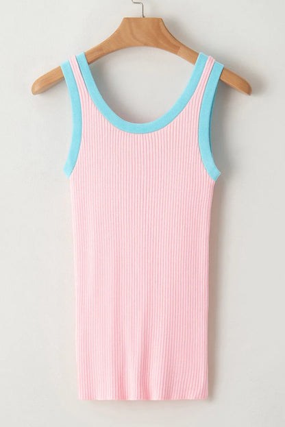 Pink Colorblock Edge Ribbed Knit U Neck Tank Top - Chic Meadow Boutique 