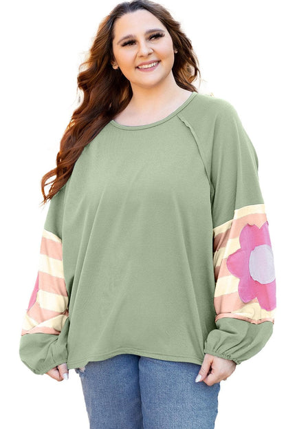 Tops/Long Sleeve Tops Smoke Green Flower Patchwork Raglan Sleeve Exposed Seam Oversized Top