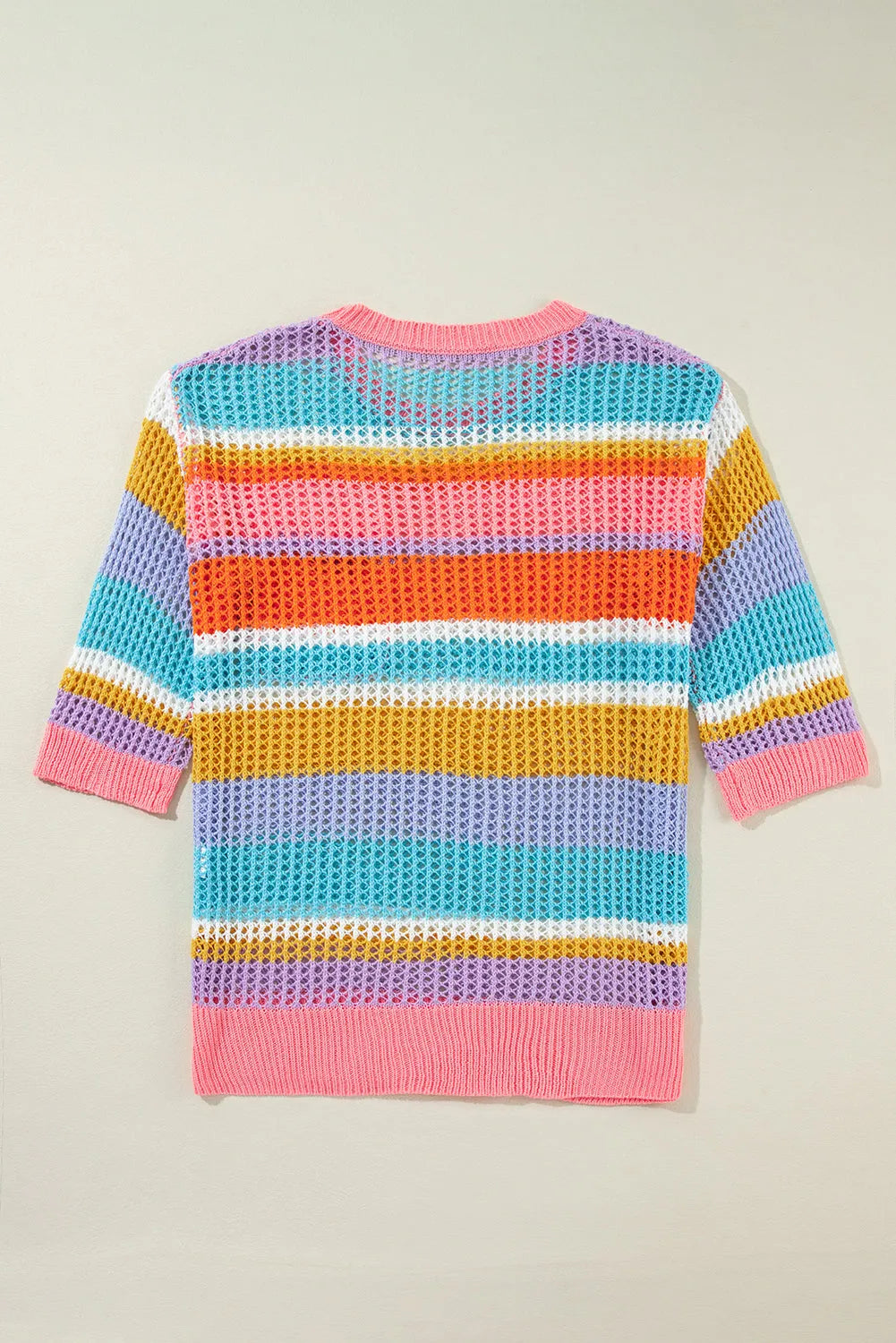 Pink Stripe Colorblock Hollowed Crochet 3/4 Sleeve Sweater - Chic Meadow Boutique 