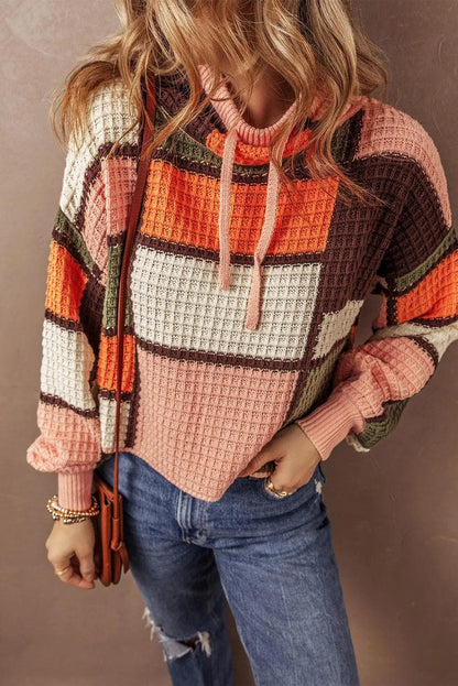 Sweaters & Cardigans/Sweaters Orange Color Block Waffle Knit Drawstring Mock Neck Sweater