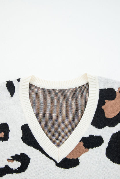 Jet Stream Leopard Print Color Block Patchwork Sleeve V Neck Sweater