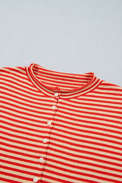 Red Stripe Striped Button Collar Long Sleeve Knit Cardigan