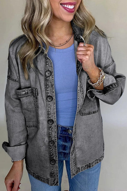 Outerwear/Denim jackets Medium Grey / S / 95%Cotton+5%Polyester Medium Grey Mineral Wash Patched Pocket Split Denim Jacket