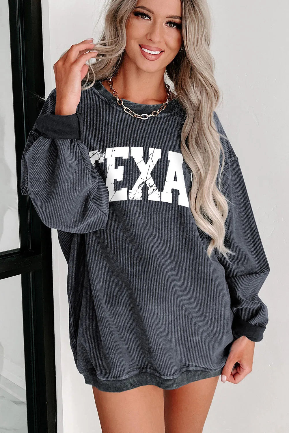 Gray TEXAS Graphic Corded Pullover Sweatshirt - Chic Meadow Boutique 