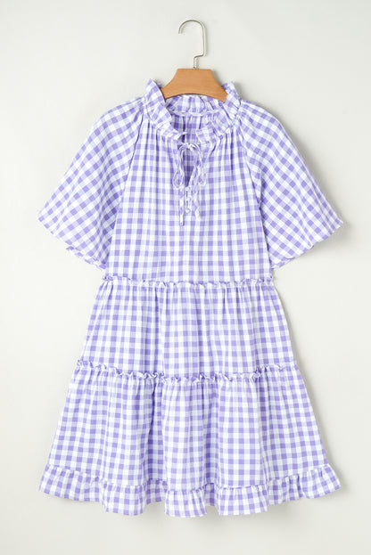 Lavendula Plaid Ruffle Wide Short Sleeve Babydoll Mini Dress