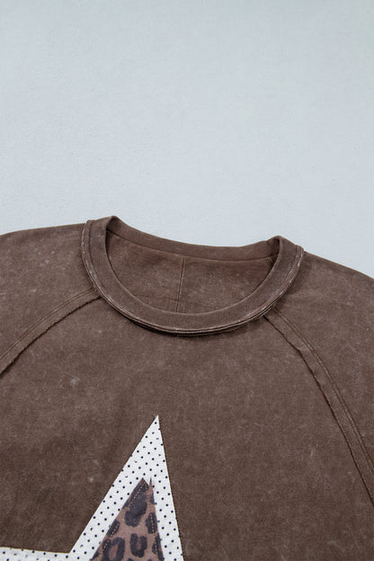 Coffee Mineral Wash Exposed Seam Leopard Star Patched T Shirt