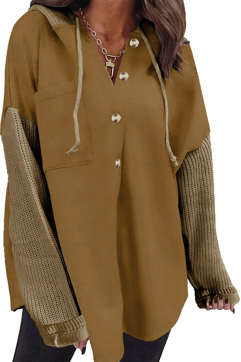 Brown Button Up Contrast Knitted Sleeves Hooded Jacket - Chic Meadow Boutique 