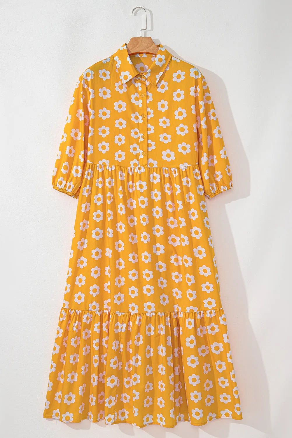 Yellow Flower Print Bracelet Sleeve Buttons Collared Maxi Dress - Chic Meadow Boutique 