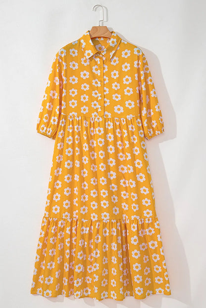 Yellow Flower Print Bracelet Sleeve Buttons Collared Maxi Dress - Chic Meadow Boutique 