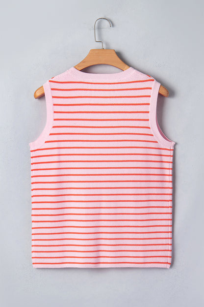 Pink Stripe Textured Knit Sleeveless Casual Sweater Top