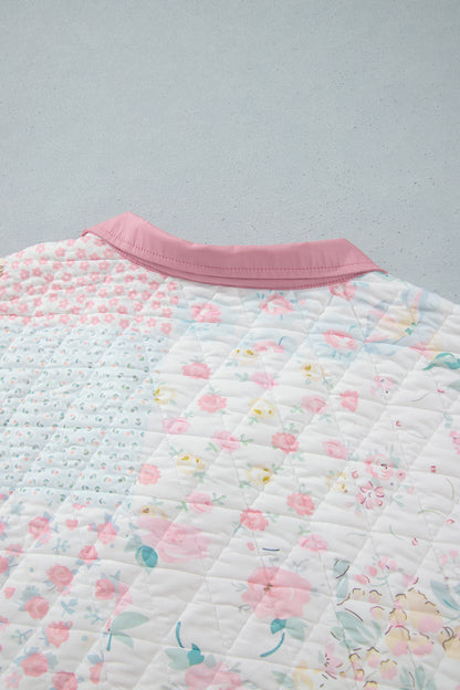 Pink Floral Quilted V-Neck Plus Size Fake Pocket Sweatshirt