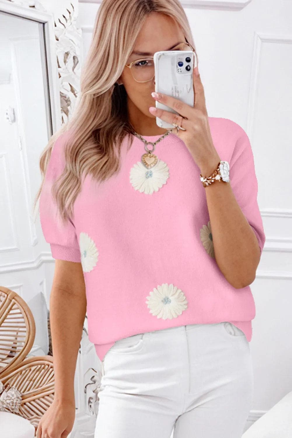 Sweaters & Cardigans/Short Sleeve Sweaters Pink Flower Pattern Short Sleeve Knitted Top