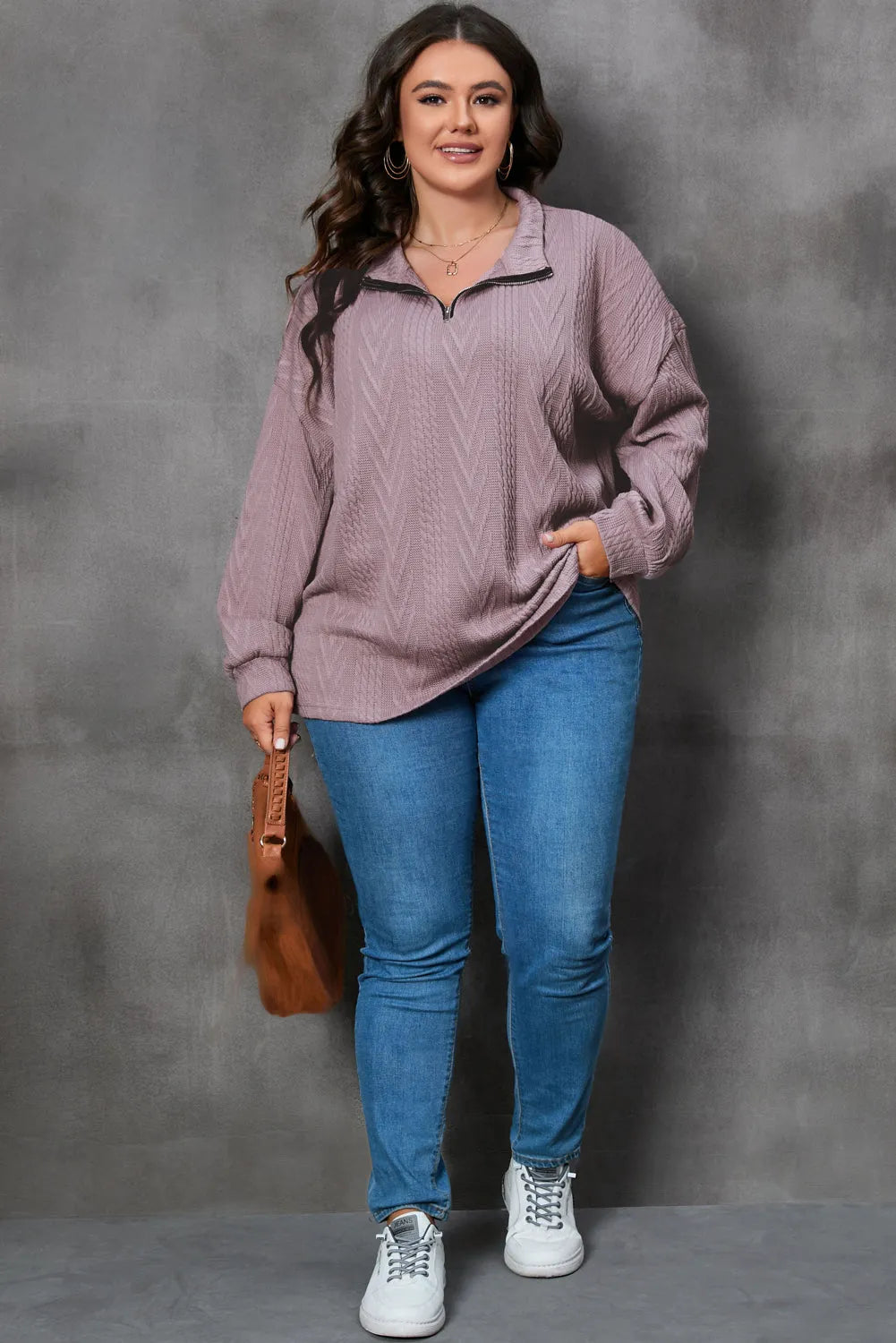 Plus Size Textured Knit Zip Neck Pullover - Chic Meadow Boutique 