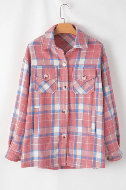 Pink Plaid Flap Pocket Button Up Shacket - Chic Meadow Boutique 