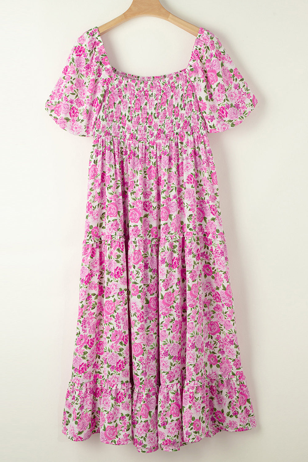 Pink Dainty Floral Smocked Puff Sleeve Flowy Long Dress