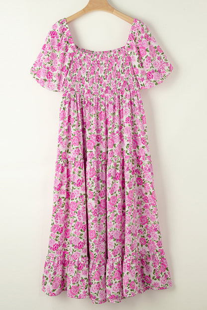 Pink Dainty Floral Smocked Puff Sleeve Flowy Long Dress