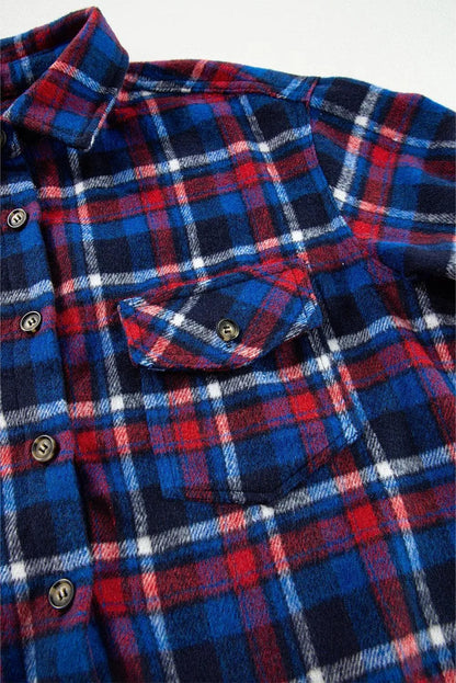 Outerwear/Plaid Shackets Navy Blue Plaid Flap Pocket Button Up Shacket