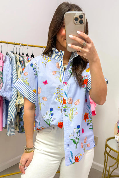 Sky Blue Floral Striped Patchwork Ruffled Collar Short Sleeve Shirt