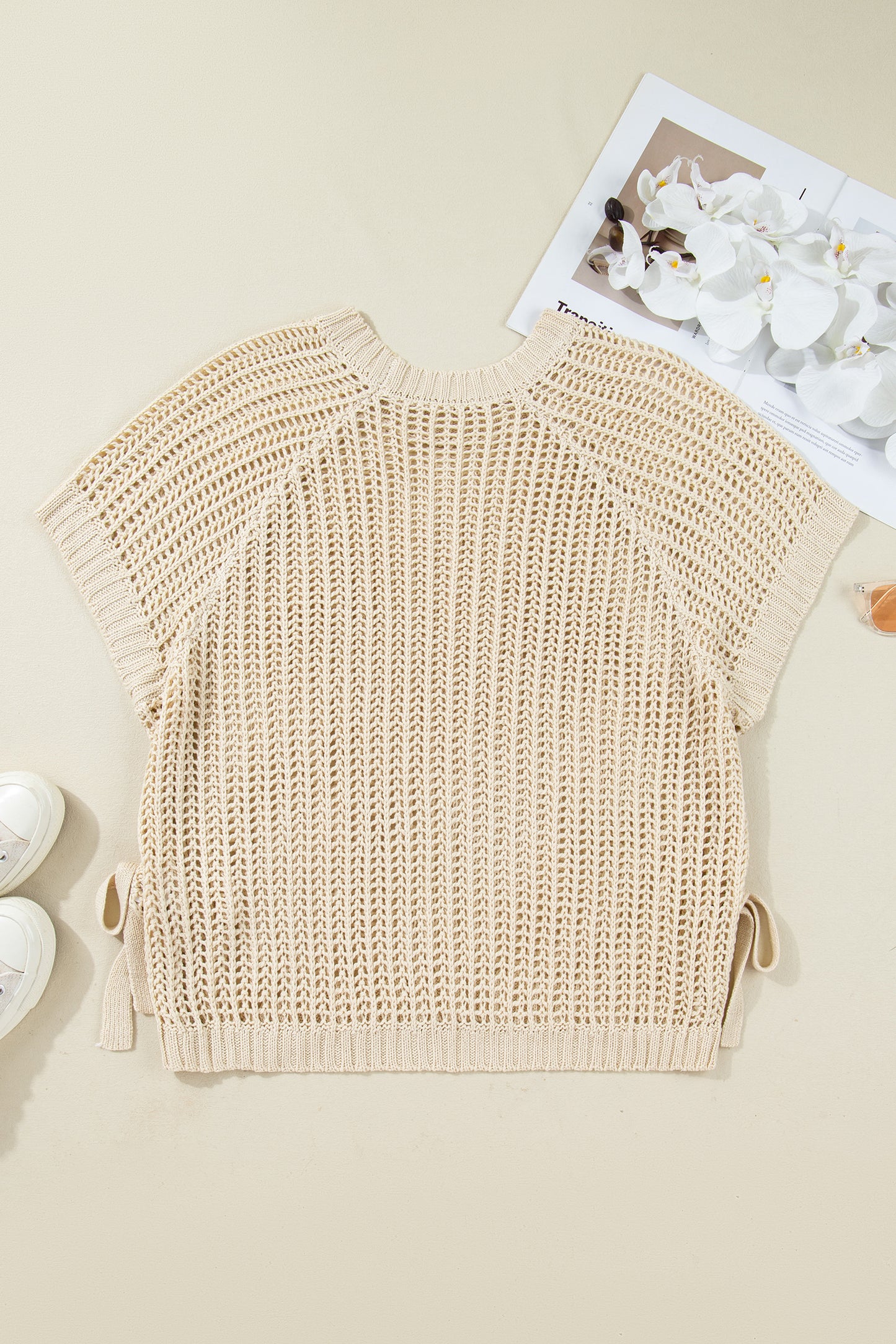 Apricot Plus Size Open Knit Bow Tie Short Sleeve Sweater