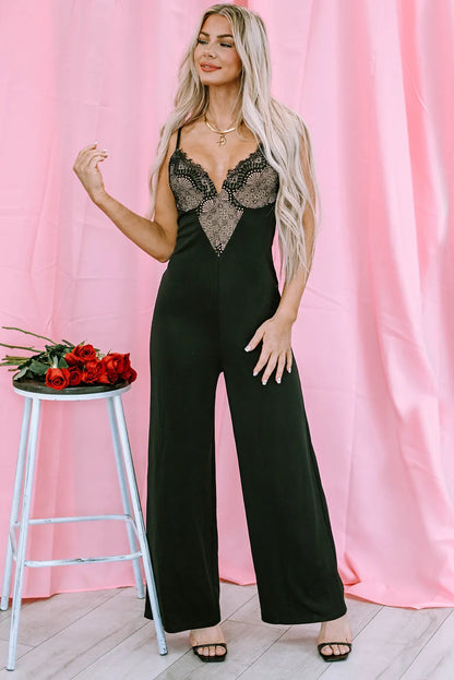 Black Lace V Neck Bodice Spaghetti Straps Wide Leg Jumpsuit - Chic Meadow Boutique 