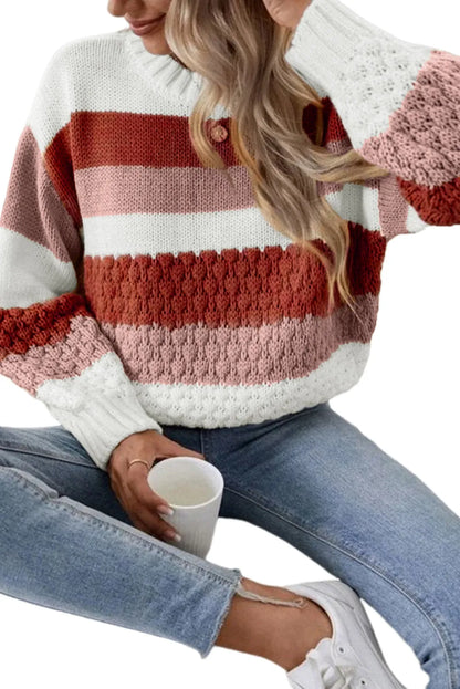 Red Stripe Cable Knit Drop Shoulder Sweater - Chic Meadow Boutique 