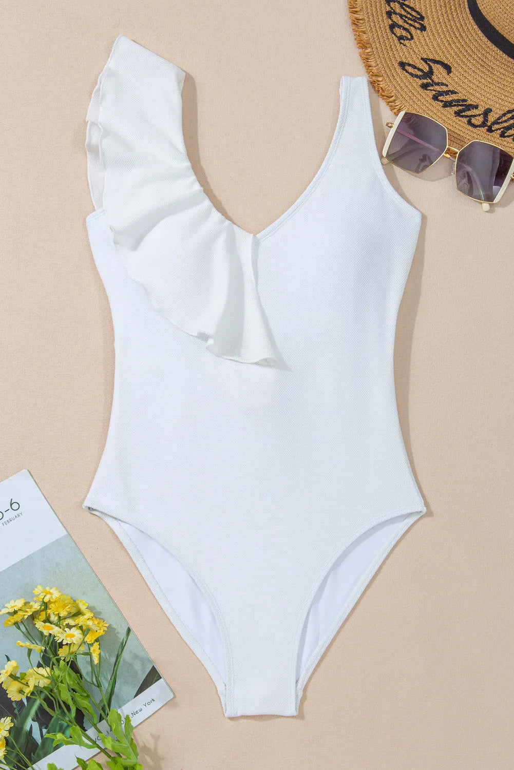 White Asymmetric Ruffle Trim Tie Waist One Piece Swimsuit - Chic Meadow Boutique 