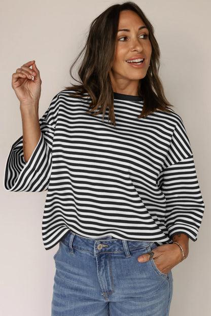 Black Stripe Bowknot Cutout Back Drop Shoulder Wide Bracelet Sleeve Loose Tee