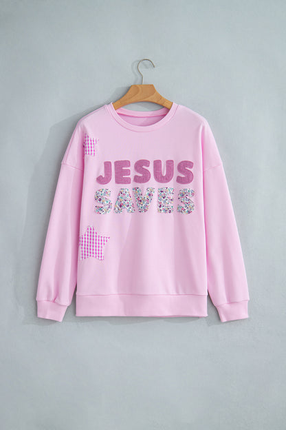 Pink Patchwork Stars Plaid Unique Floral Letters Baggy Sweatshirt