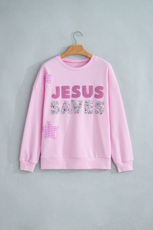 Pink Patchwork Stars Plaid Unique Floral Letters Baggy Sweatshirt
