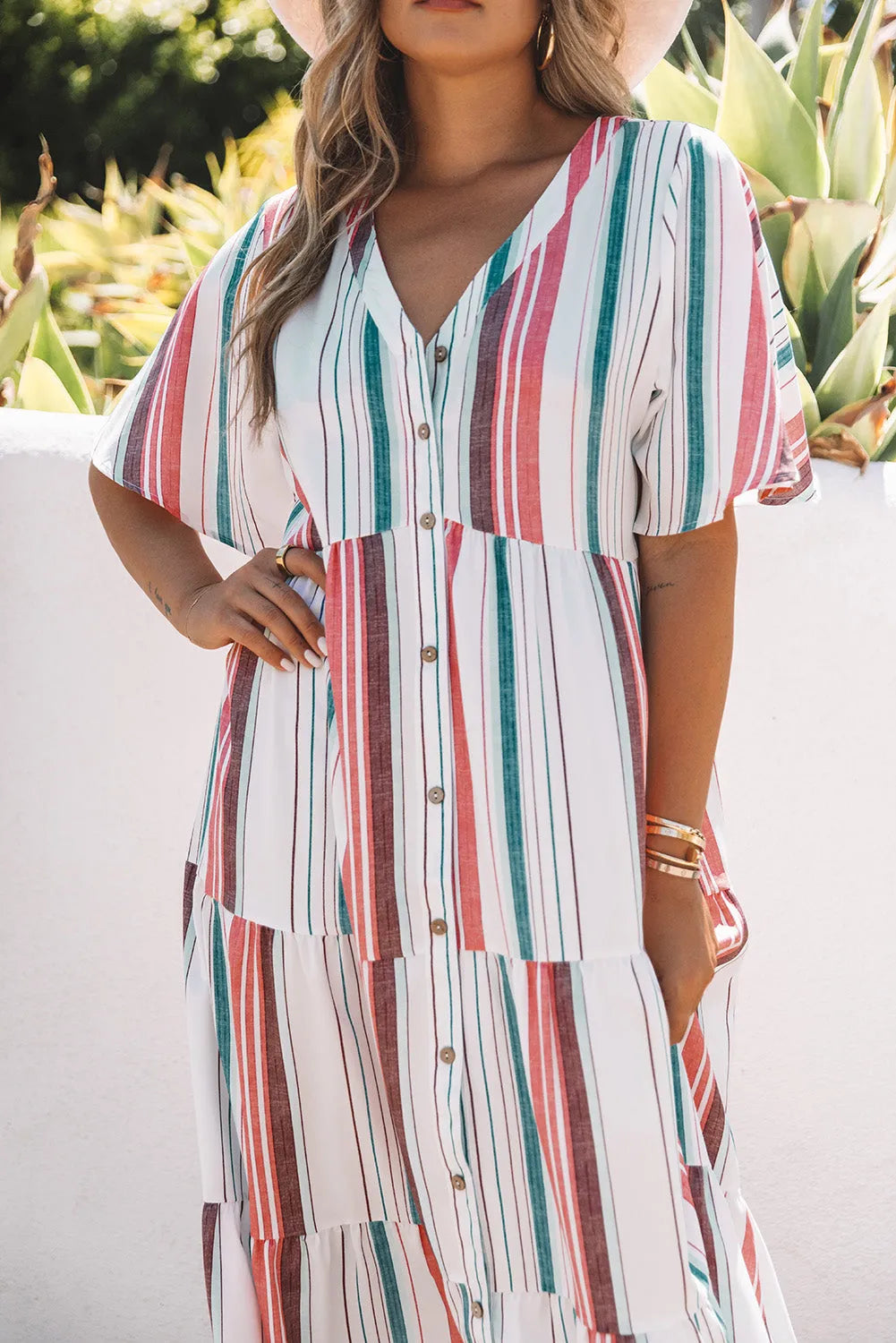 Serape Striped V Neck Buttoned Shirt Dress - Chic Meadow Boutique 