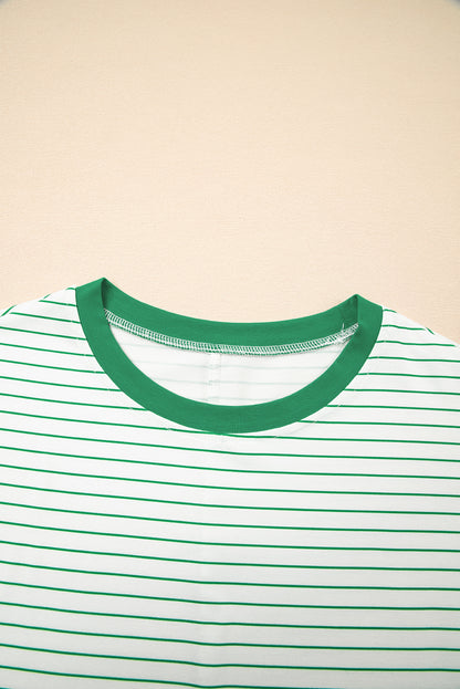 Green Stripe Ruffled Short Sleeve Crew Neck T Shirt Shift Mini Dress