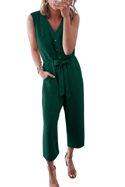 Green Buttoned Sleeveless Cropped Jumpsuit with Sash - Chic Meadow Boutique 