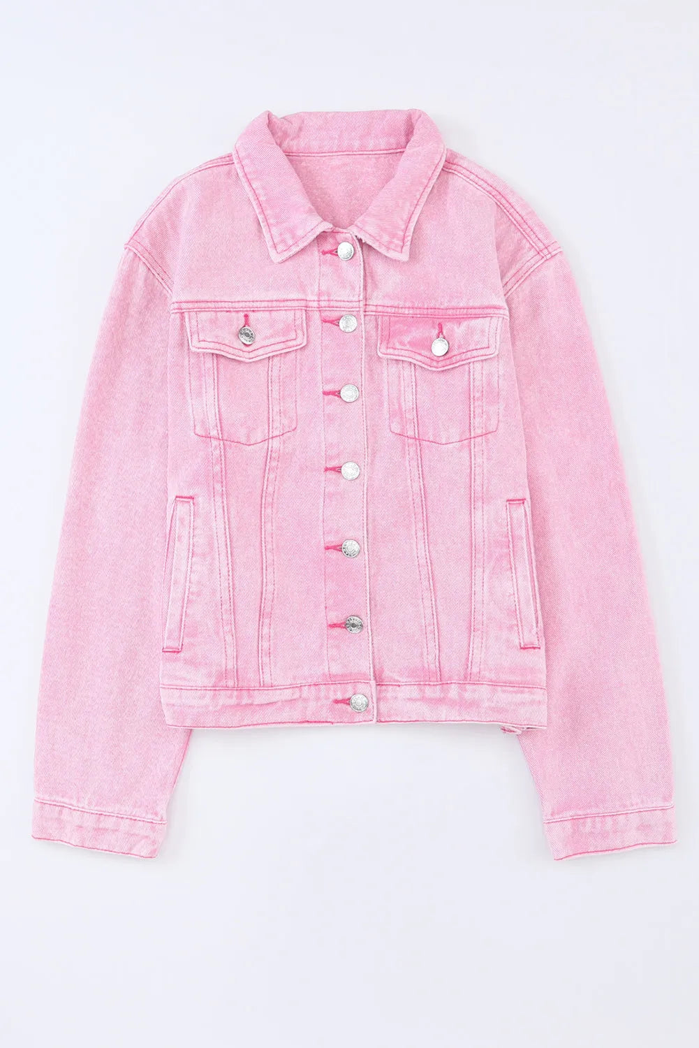 Pink Acid Wash Button Flap Pocket Denim Jacket - Chic Meadow Boutique 