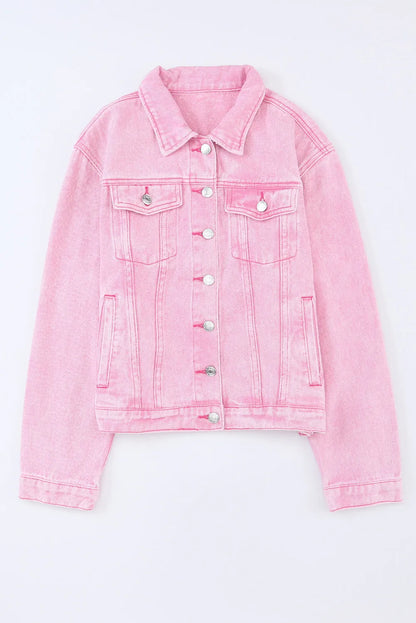 Pink Acid Wash Button Flap Pocket Denim Jacket - Chic Meadow Boutique 